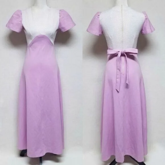 Vintage 1960s Lilac Swiss Dot Handmade Short Sleeve Tie Waist Maxi Dress S - Picture 2 of 13